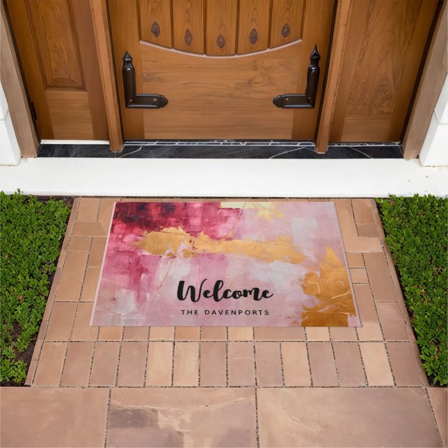 Artistic Brush Strokes Gold and Pink Welcome Doormat (Outdoor)