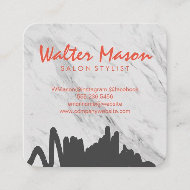 Artistic Brushed Grey Scribble Marble Square Business Card (Front)