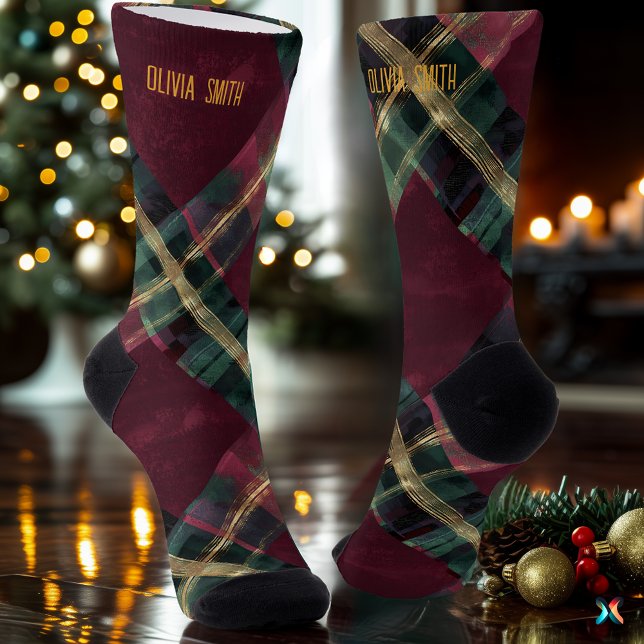 Artistic Burgundy & Green Christmas Plaid Custom Socks (Creator Uploaded)