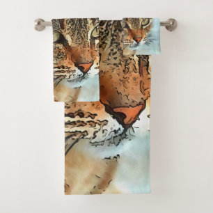 Artistic Cartoon Style Tabby Cat RB Bath Towel Set