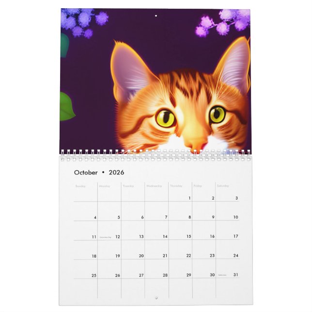 Artistic Cat and Changing Watercolor Flowers Calendar (Oct 2026)