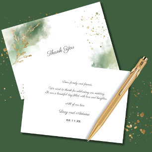 Artistic Chic Moss Green Watercolor Gold Wedding Thank You Card