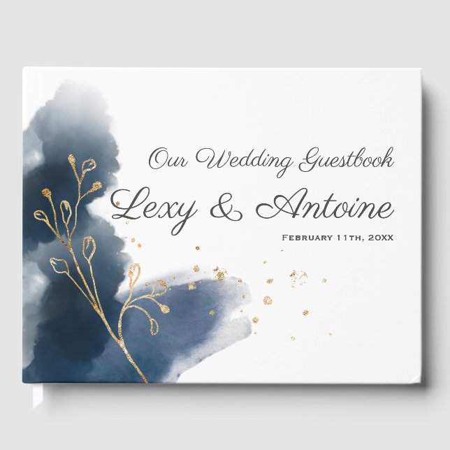 Artistic Chic Navy Blue Splashes Gold Dust Wedding Guest Book (Front)