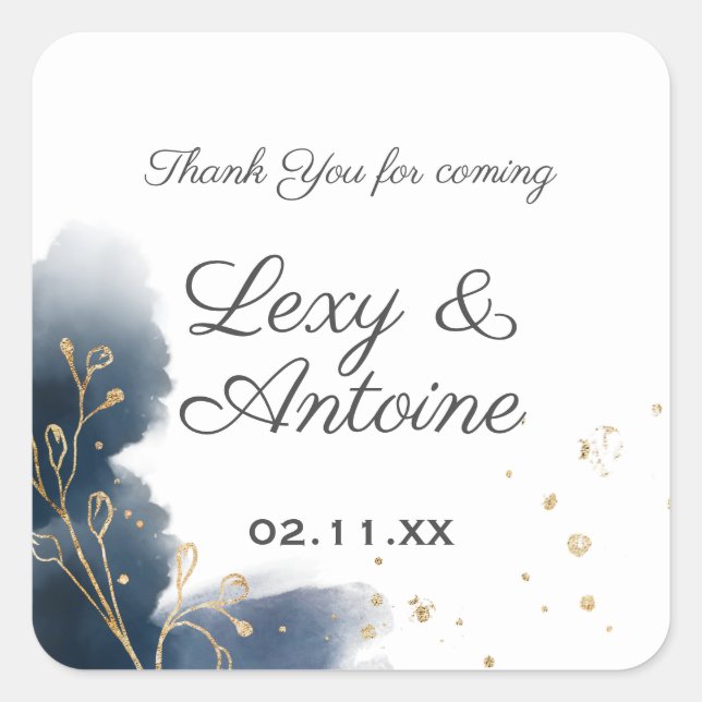 Artistic Chic Navy Blue Splashes Gold Dust Wedding Square Sticker (Front)