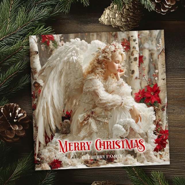 Artistic Christmas angel red poinsettias cheerful  Holiday Card (Artistic Christmas angel red poinsettias cheerful greeting card

)