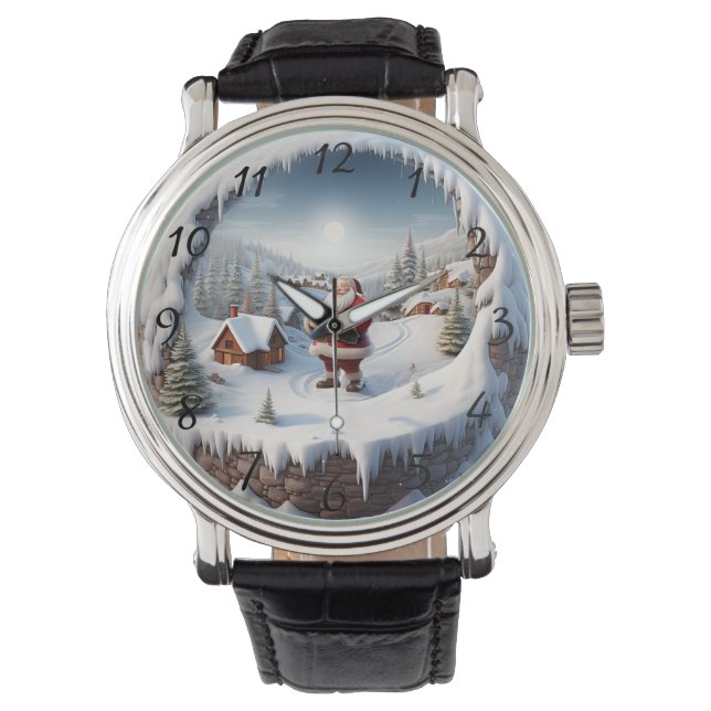 Artistic Christmas Santa and Snowy Village Scene Watch (Front)