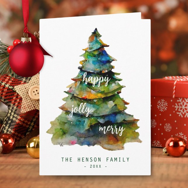 Artistic Christmas Tree Watercolor Merry Jolly Card (Creator Uploaded)