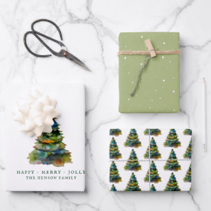 Artistic Christmas Tree Watercolor Merry Jolly Wrapping Paper Sheet