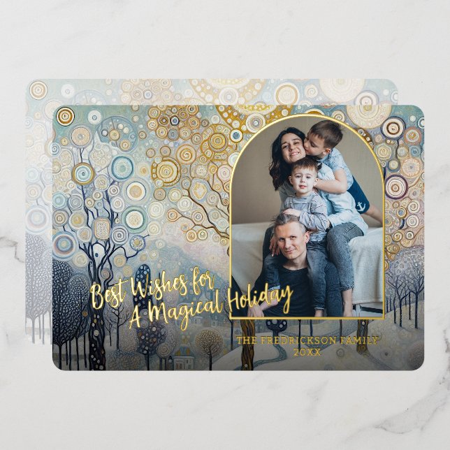 Artistic Classic Trendy Winter Wonderland Art Gold Foil Holiday Card (Front/Back)