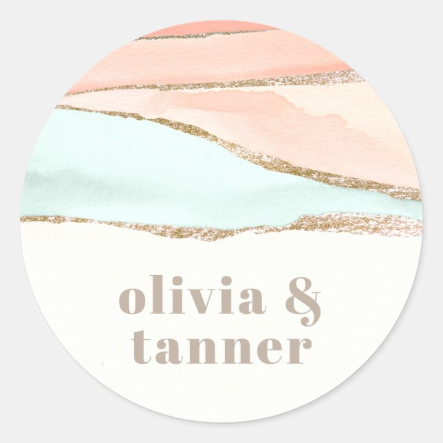 Artistic Coastal Watercolor Abstract Wedding Classic Round Sticker (Front)