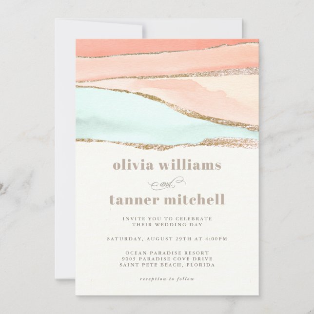 Artistic Coastal Watercolor Abstract Wedding Invitation (Front)