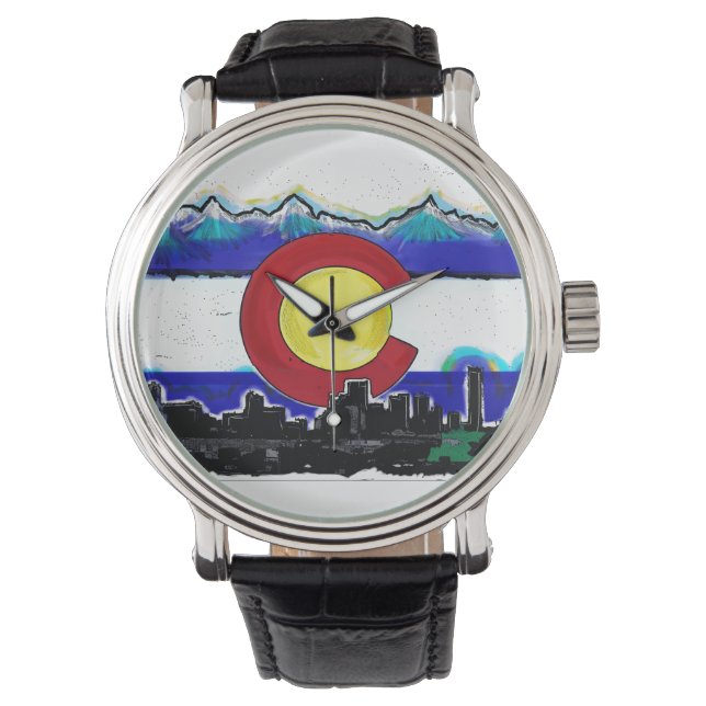 Artistic Colorado flag Denver skyline wrist watch (Front)