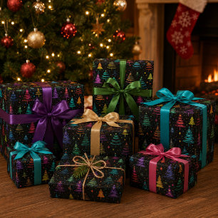Artistic Colorful Modern Christmas Trees Wrapping Paper Sheet