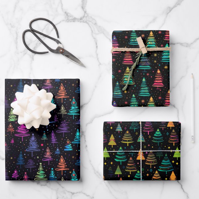 Artistic Colorful Modern Christmas Trees Wrapping Paper Sheet (Front)