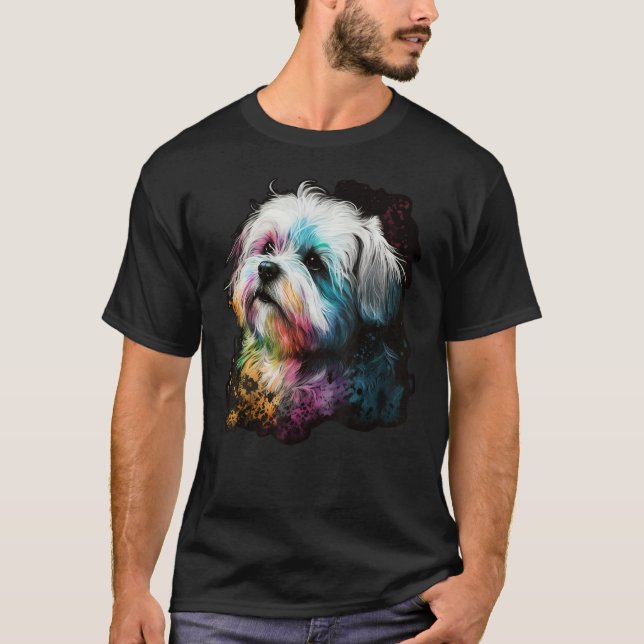 Artistic Colorful Pop painted Maltese dog T-Shirt (Front)