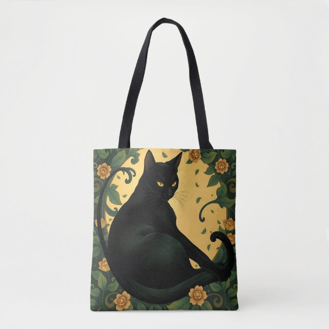 Artistic Colourful Art Nouveau Black Cat Pattern Tote Bag (Front)
