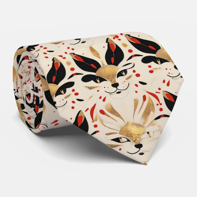 Artistic Colourful Art Nouveau Cat Pattern Tie (Rolled)