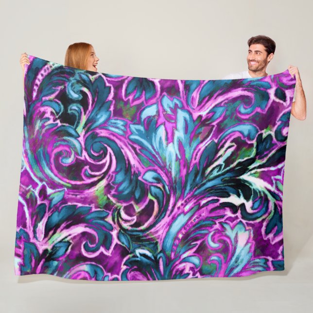 Artistic Colourful Damask Purple Teal Blue Fleece Blanket (In Situ)