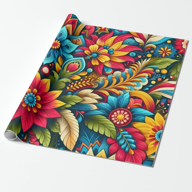 Artistic Colourful Flowers and Leaves Wrapping Paper (Unrolled)