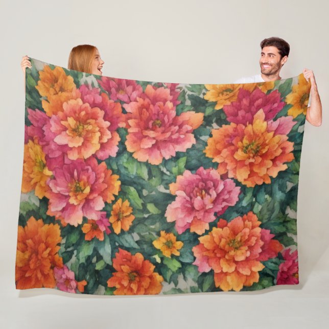 Artistic Colourful Flowers Pink Orange Fleece Blanket (In Situ)