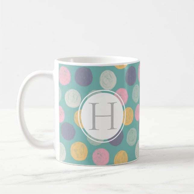 artistic colourful pastel polka dot monogram coffee mug (Left)