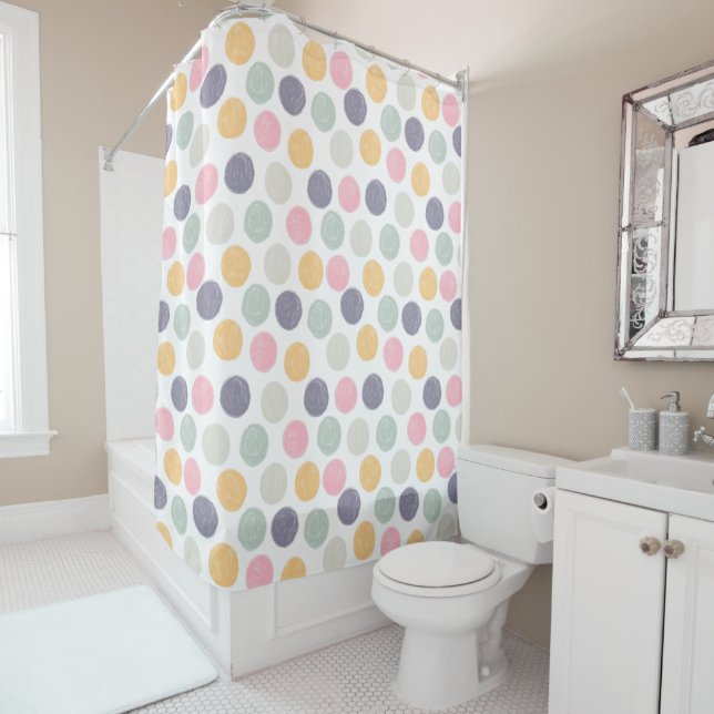 artistic colourful pastel polka dot shower curtain (In Situ)