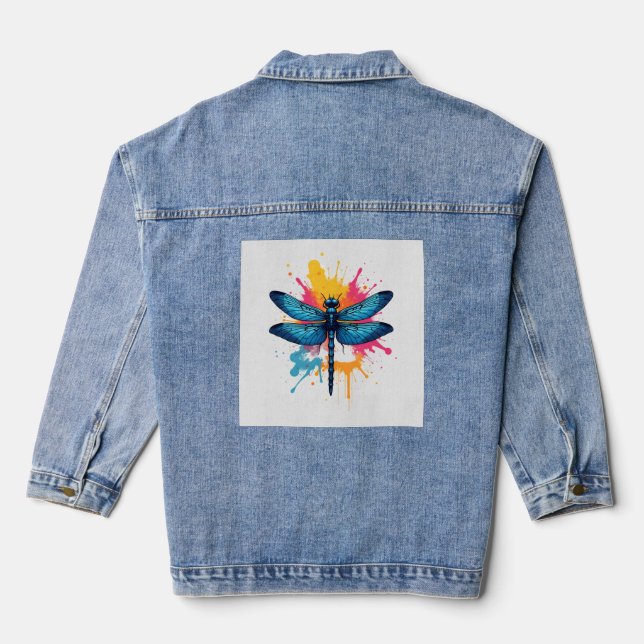 Artistic Colourful Pop Art painted Dragonfly Denim Jacket (Back)