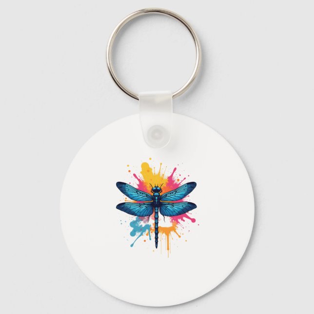 Artistic Colourful Pop Art painted Dragonfly Key Ring (Front)