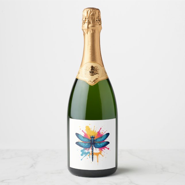 Artistic Colourful Pop Art painted Dragonfly Sparkling Wine Label (Front)