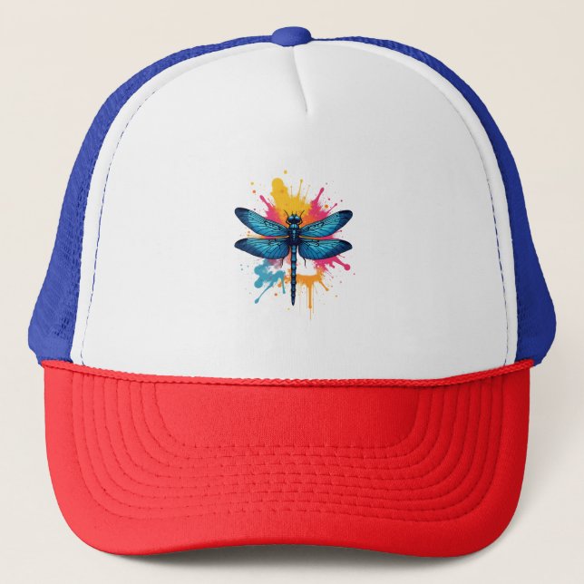 Artistic Colourful Pop Art painted Dragonfly Trucker Hat (Front)
