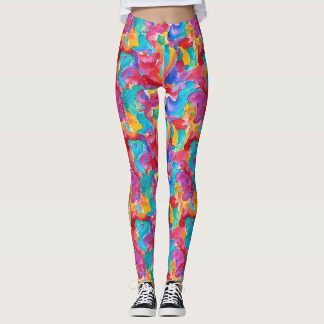 Artistic Colourful Rainbow Watercolor Brush Paint  Leggings (Front)