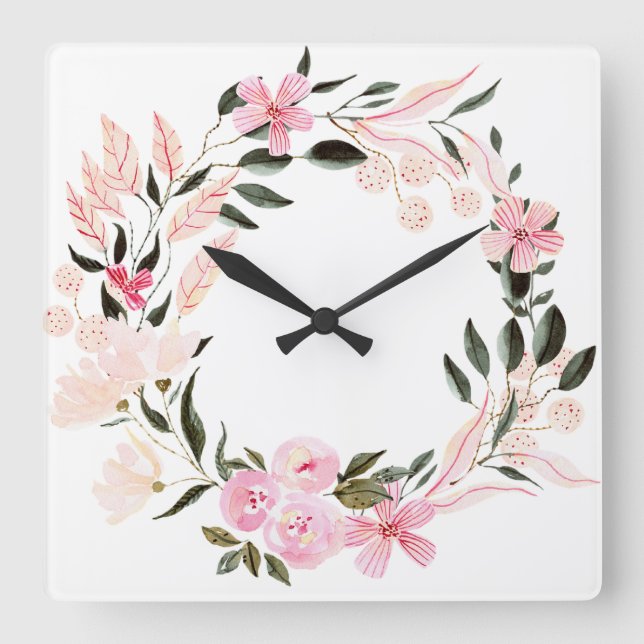 Artistic colourful wall clock pink floral (Front)