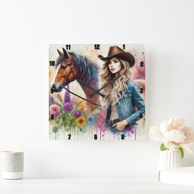Artistic Cowgirl and Horse with Vibrant Floral  Square Wall Clock (Home)