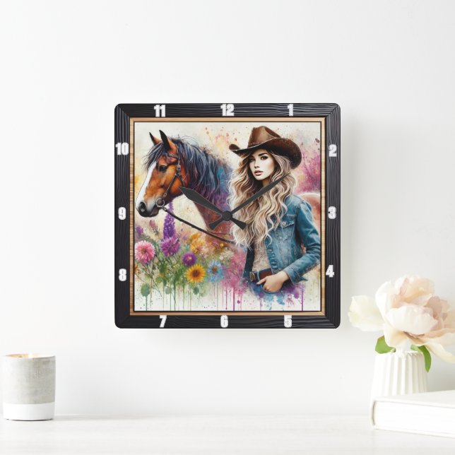 Artistic Cowgirl and Horse with Vibrant Floral  Square Wall Clock (Home)