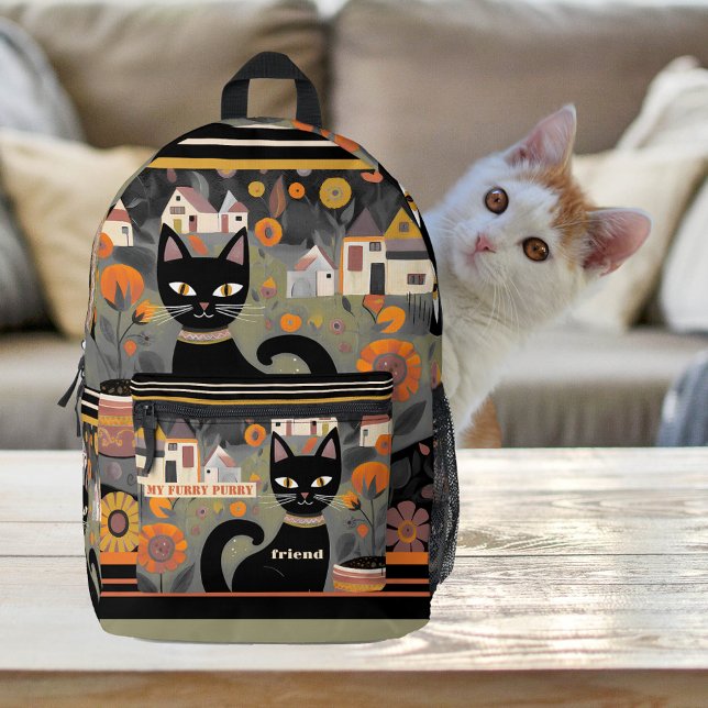 Artistic Cute Black Cat  Printed Backpack (Backpack featuring a cute black cat design in retro style. Nice for any cat lover.)