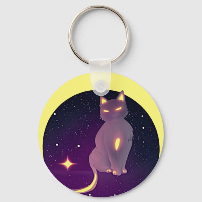 Artistic Cute Moon Cat Silhouette Stars Night Sky  Key Ring (Front)