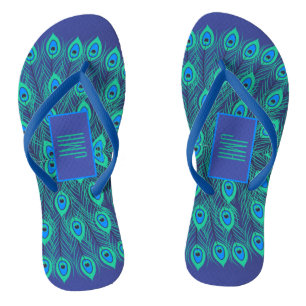 ARTISTIC DECO BLUE TEAL PEACOCK FEATHER & MONOGRAM FLIP FLOPS