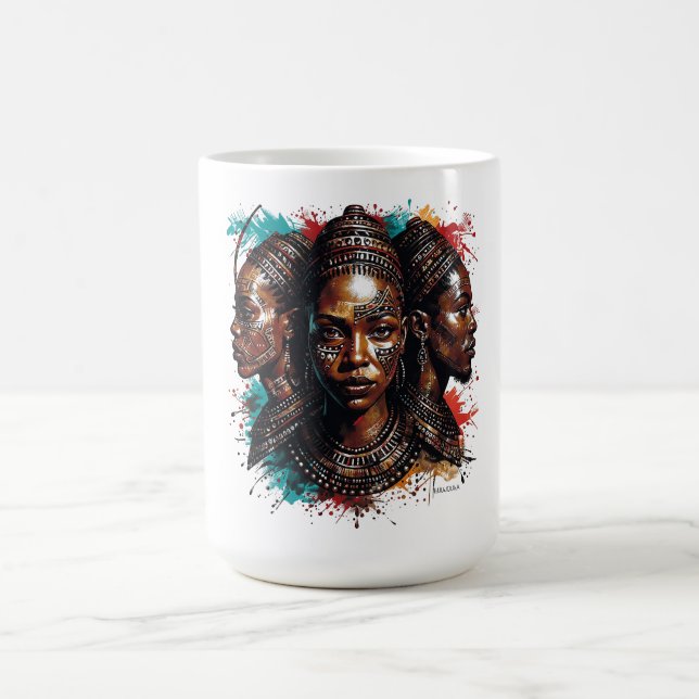 Artistic depiction of three women with tribal face coffee mug (Center)