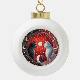 Artistic Depiction of Yin and Yang Cats Ceramic Ball Christmas Ornament