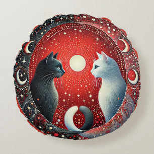 Artistic Depiction of Yin and Yang Cats Round Cushion