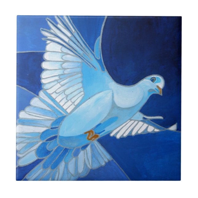 Artistic Dove Outline Art In Cerulean Blue Tile (Front)