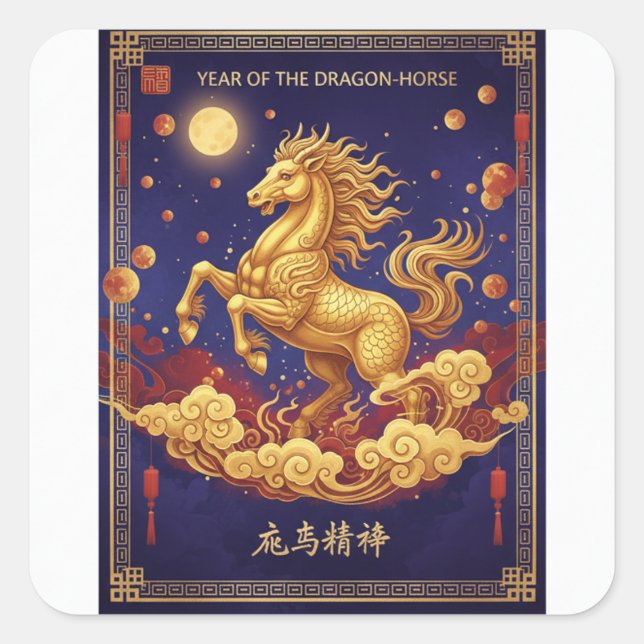 Artistic Dragon-Horse 2026 Lunar New Year Card Square Sticker (Front)