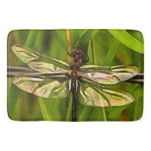 Artistic Dragonfly In Brown And Yellow On Green Bath Mat