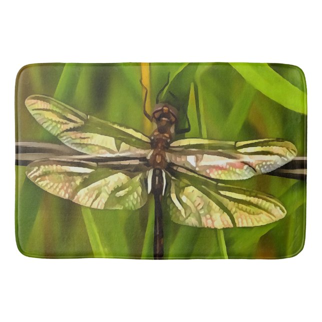 Artistic Dragonfly In Brown And Yellow On Green Bath Mat (Front)