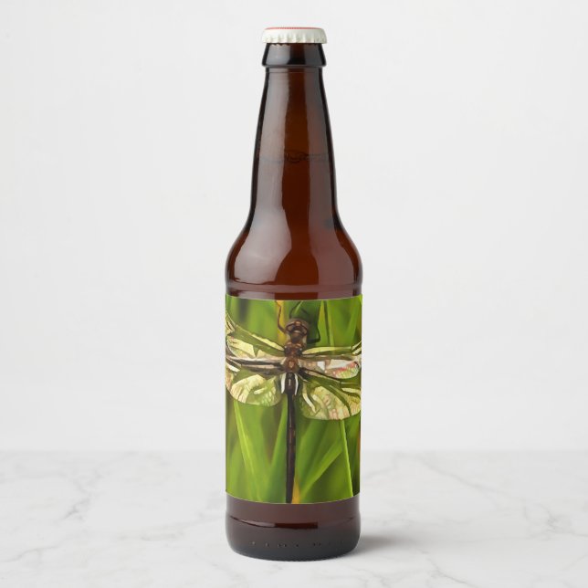 Artistic Dragonfly In Brown And Yellow On Green Beer Bottle Label (Front)