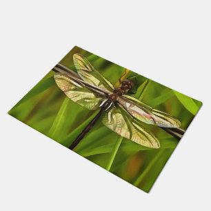 Artistic Dragonfly In Brown And Yellow On Green Doormat