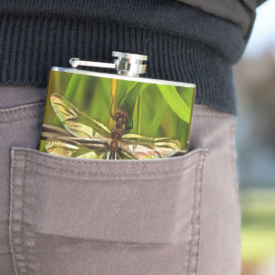 Artistic Dragonfly In Brown And Yellow On Green Hip Flask