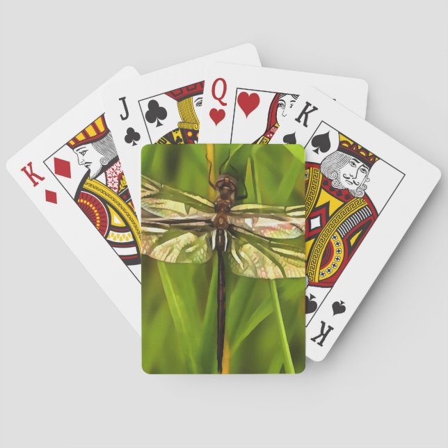 Artistic Dragonfly In Brown And Yellow On Green Playing Cards (Back)