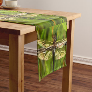 Artistic Dragonfly In Brown And Yellow On Green Short Table Runner