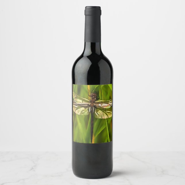 Artistic Dragonfly In Brown And Yellow On Green Wine Label (Front)